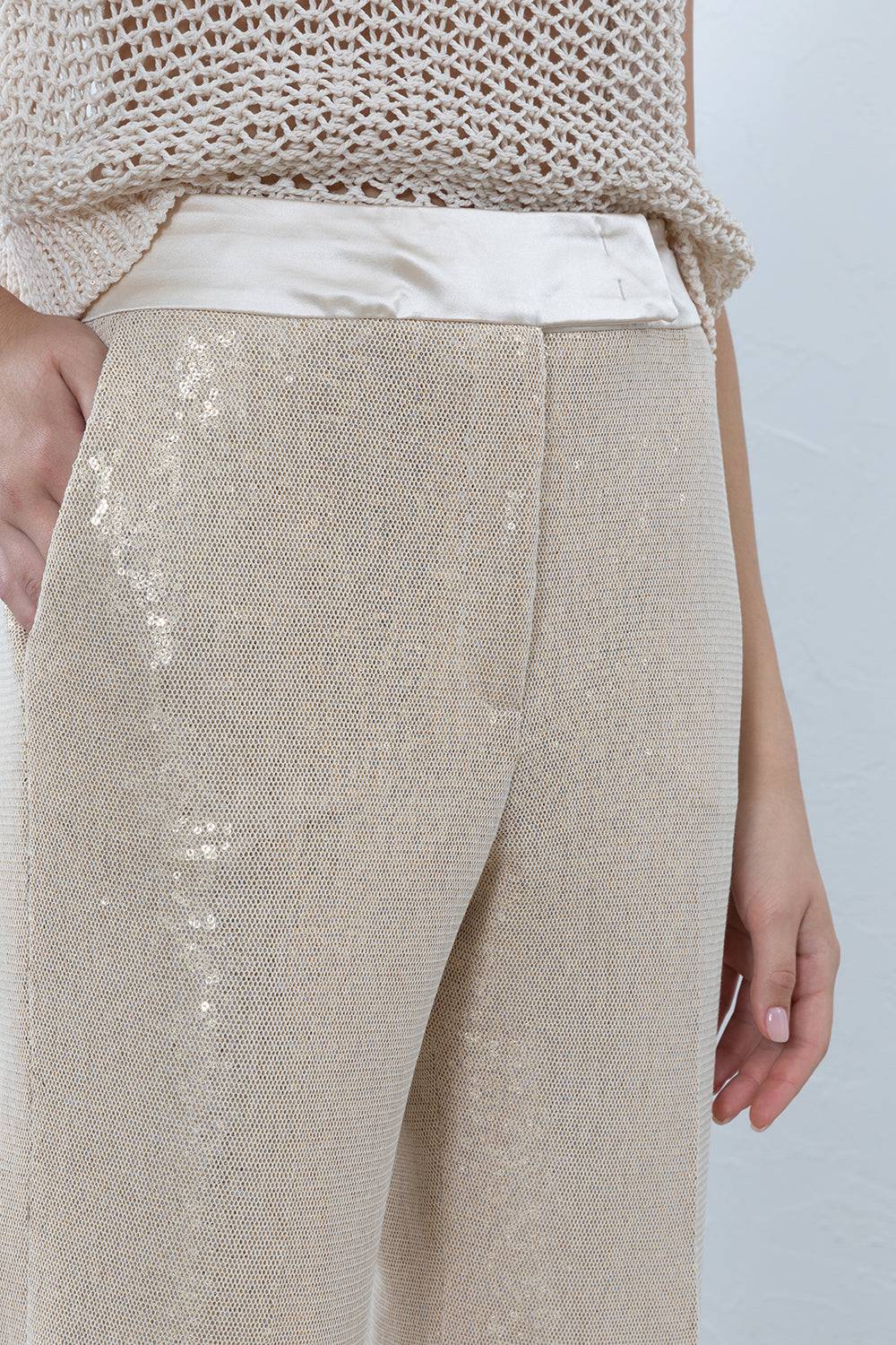Peserico Pantalone A Palazzo In Paillettes Ingabbiate In Tulle
