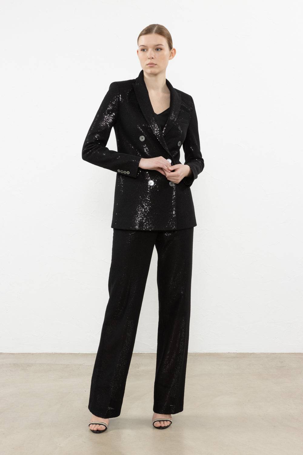 Peserico Pantalone A Palazzo In Paillettes Ingabbiate In Tulle