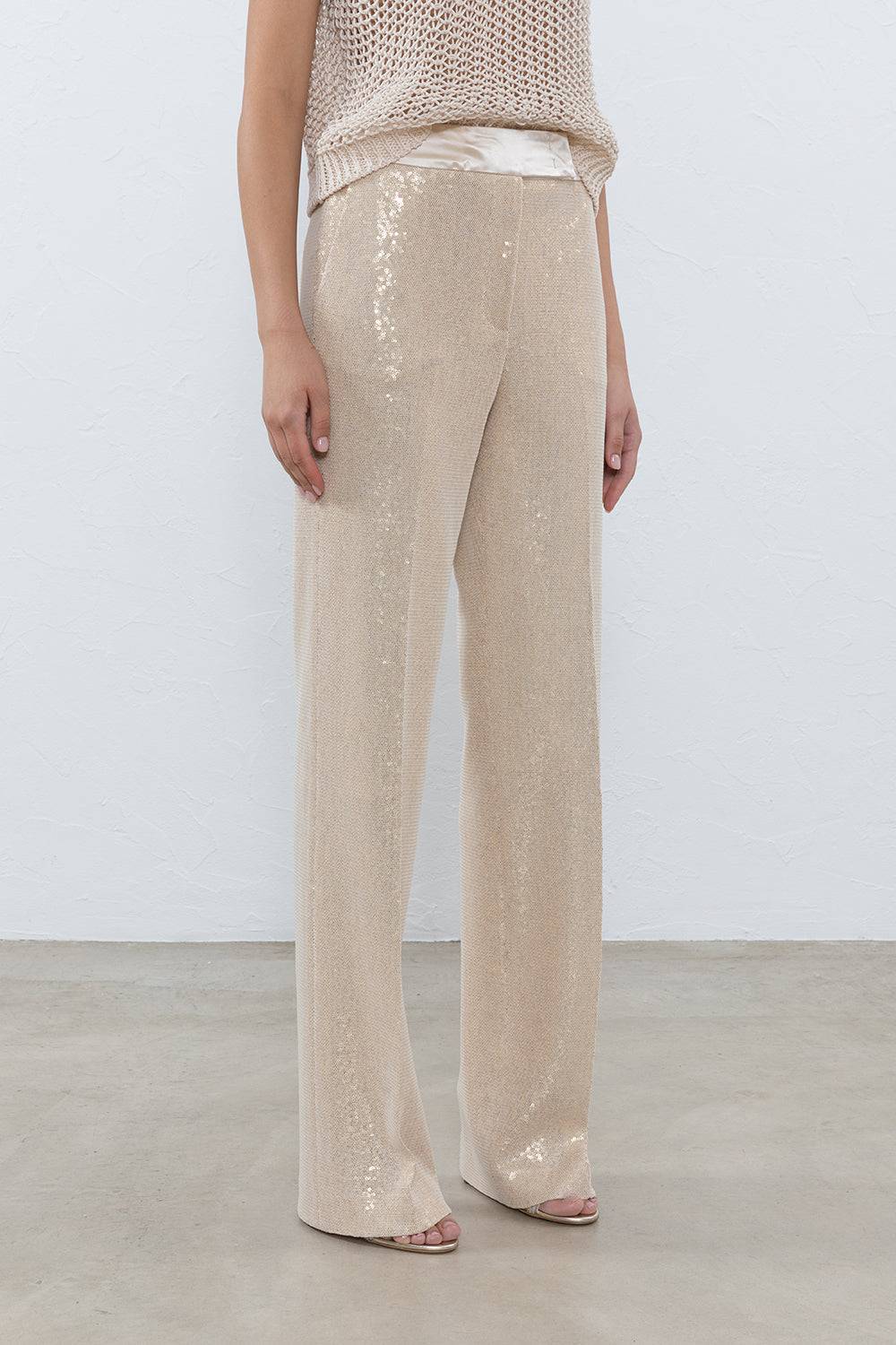 Peserico Pantalone a palazzo in paillettes ingabbiate in tulle