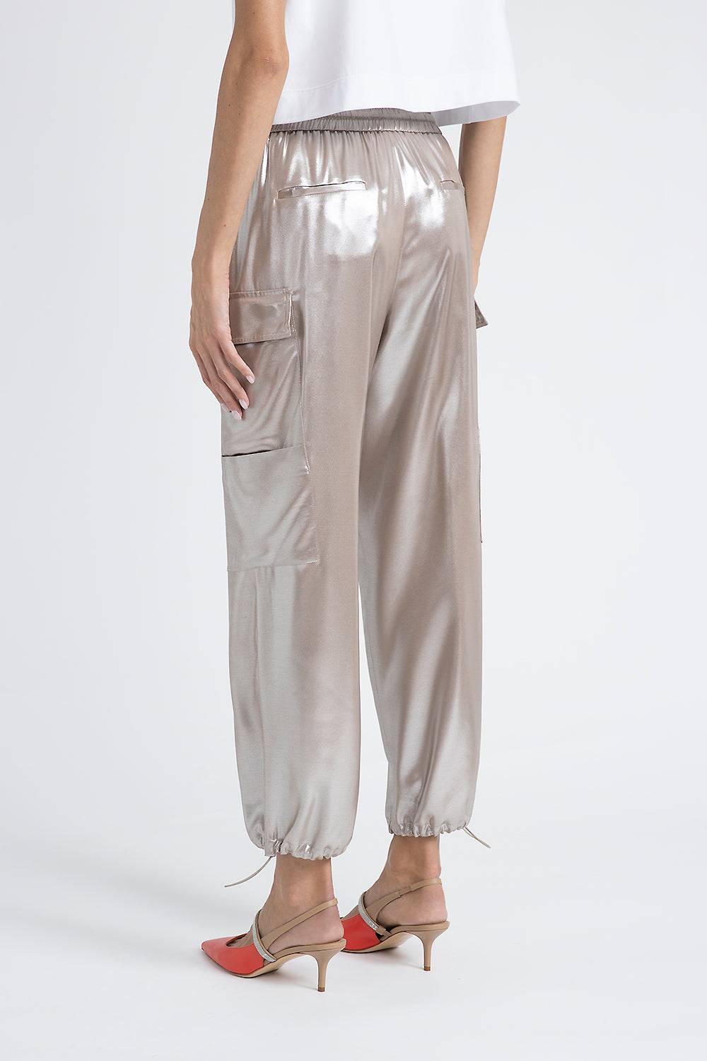 Peserico Pantalone Baggy In Fluido Twill Di Viscosa Laminato Argento