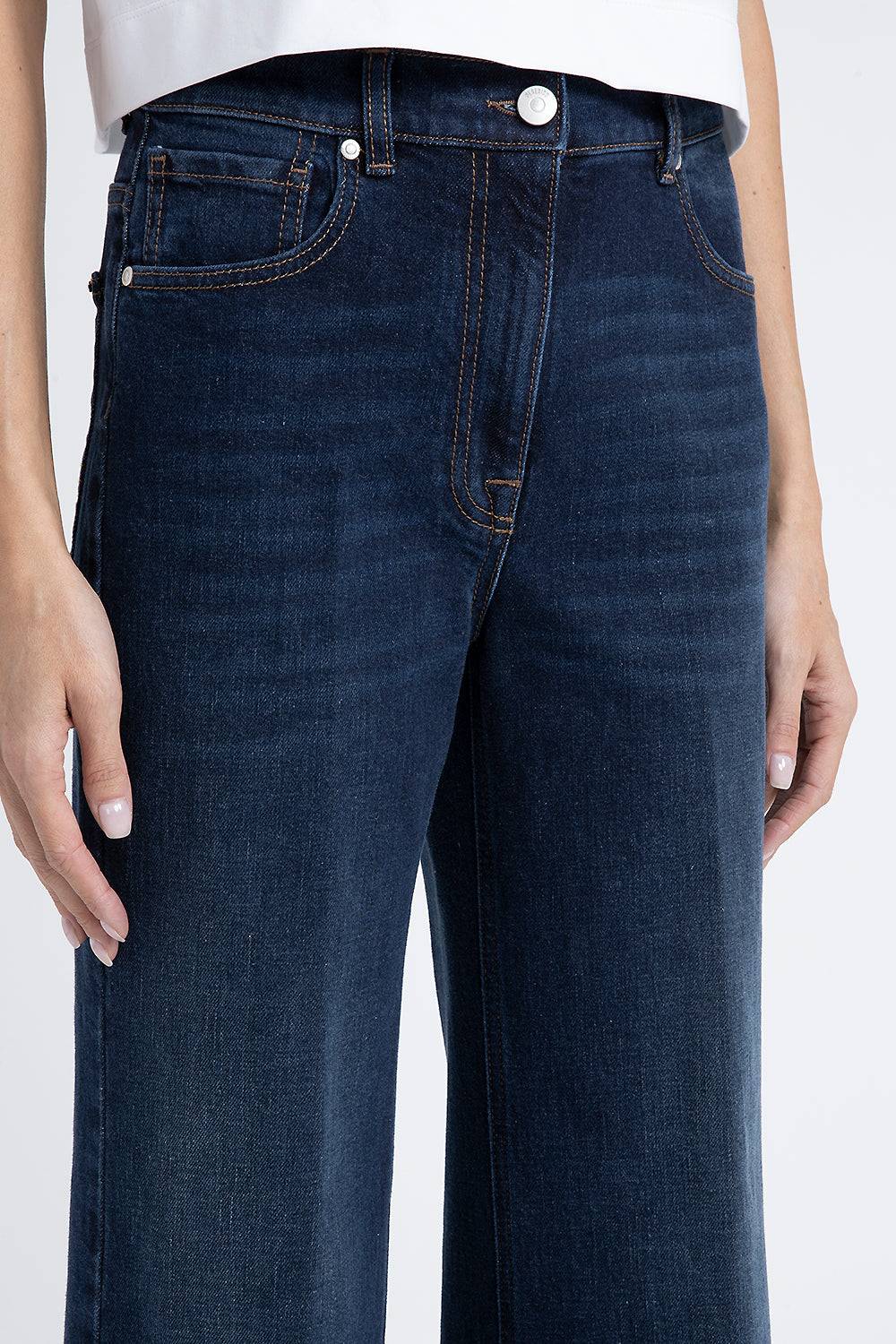 Peserico Pantalone In Denim Di Cotone Stretch A Palazzo