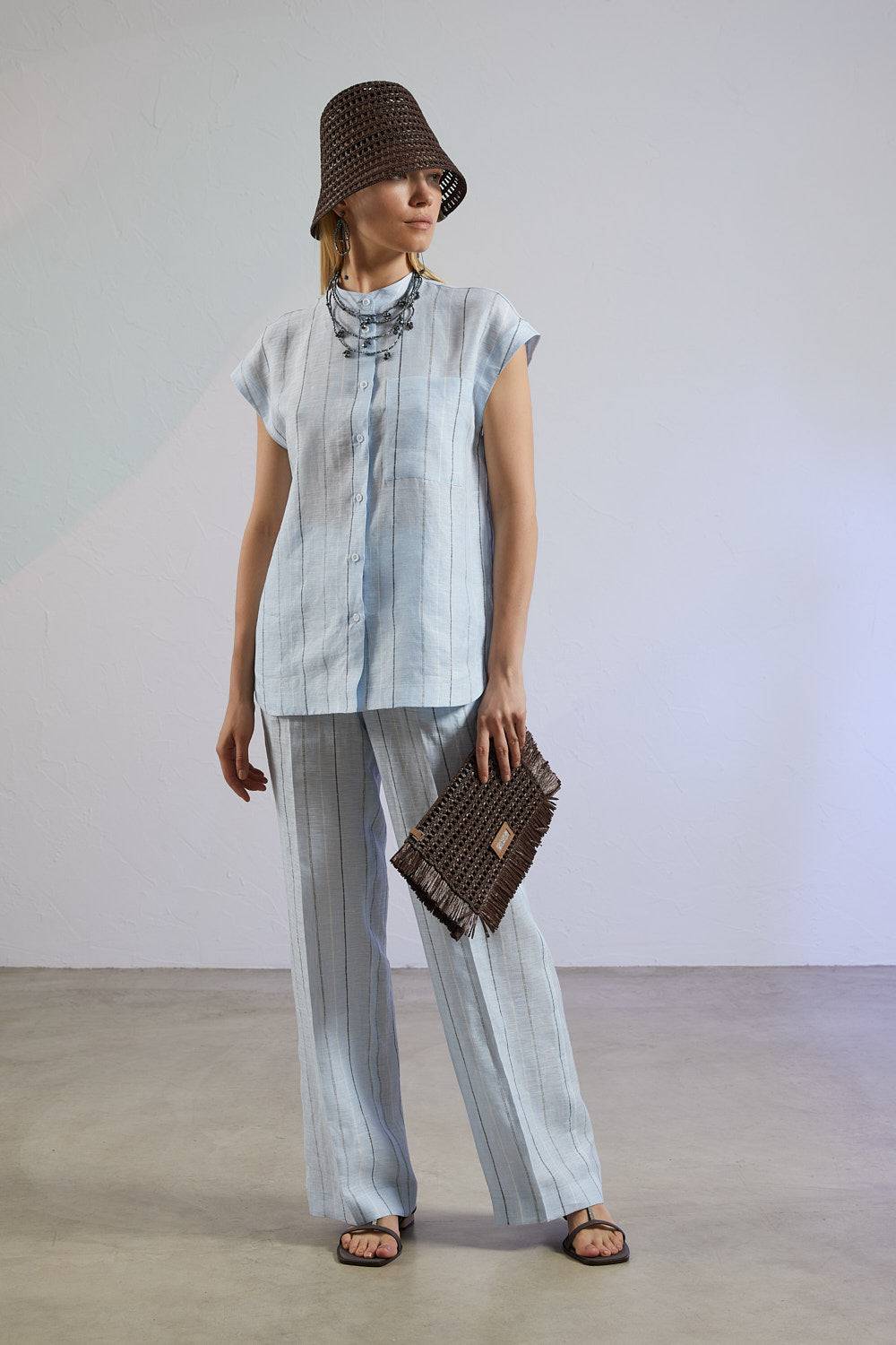 Peserico Pantalone In Leggera Tela Di Puro Lino Multi-riga