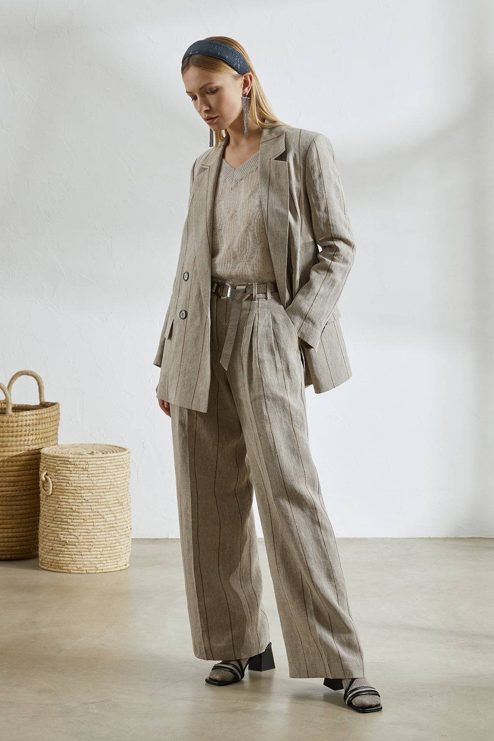 Peserico Pantalone In Lino Con Pinces E Maxi Righe