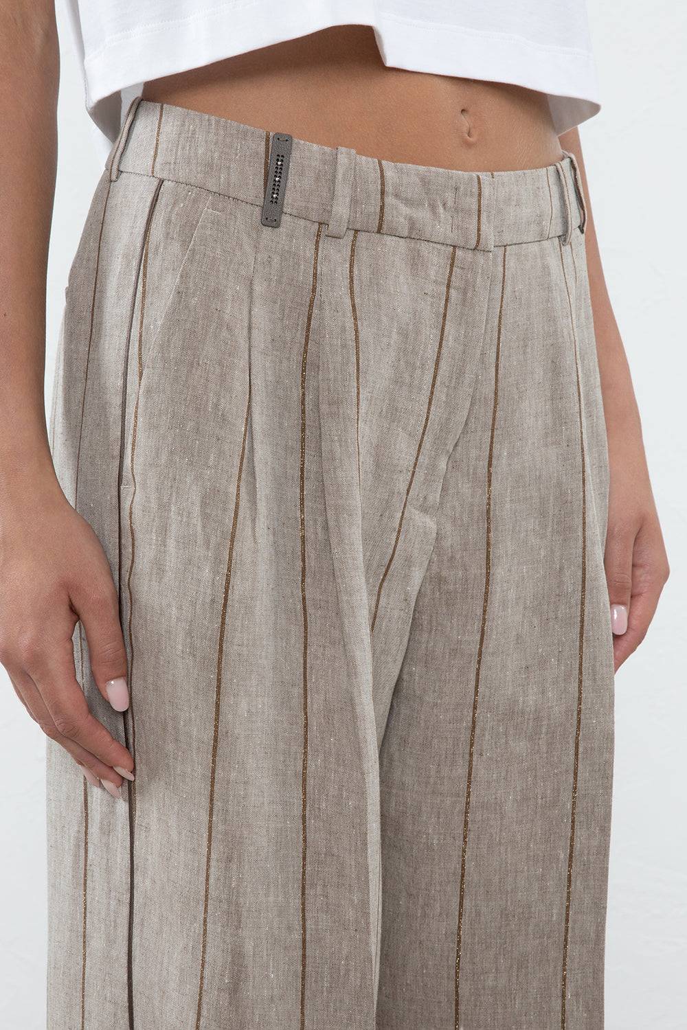 Peserico Pantalone In Lino Con Pinces E Maxi Righe