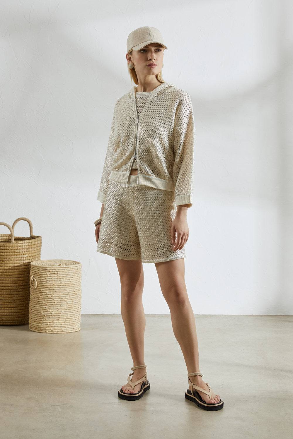 Peserico Short In Filato Mélange Di Lino Cotone Laminato