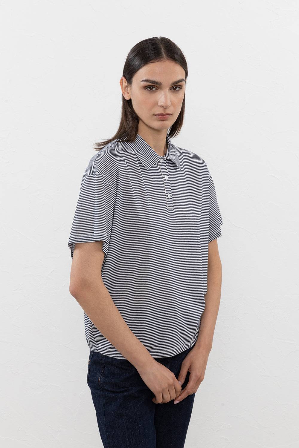 Peserico T-shirt a polo in jersey leggero rigato mélange