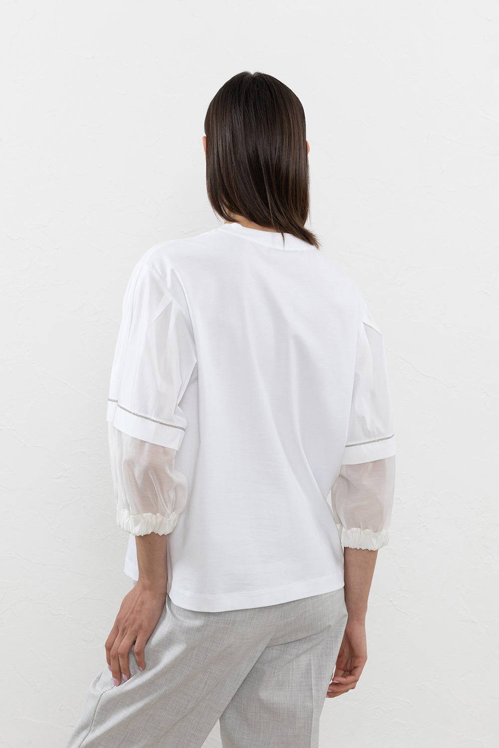 Peserico T-shirt In Cotone E Maniche Bimateriche In Organza