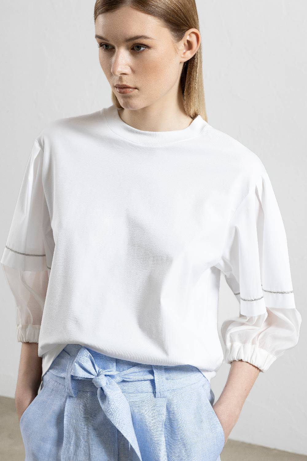 Peserico T-shirt In Cotone E Maniche Bimateriche In Organza