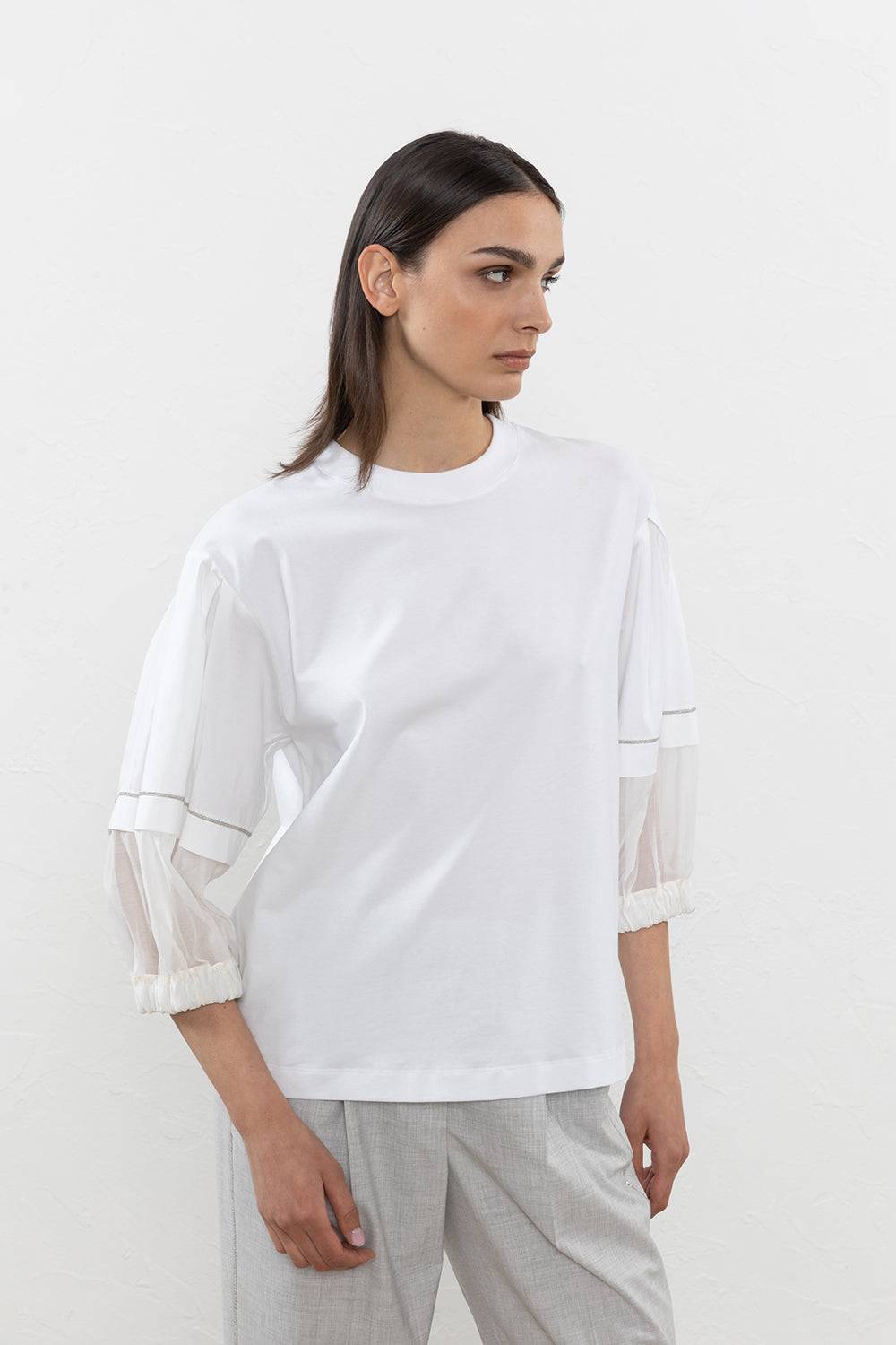 Peserico T-shirt in cotone e maniche bimateriche in organza