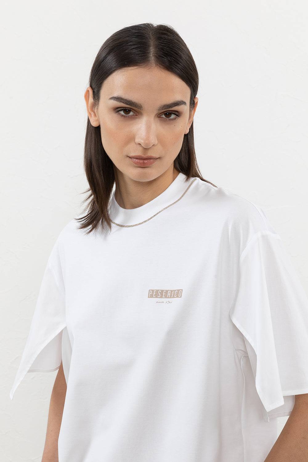 Peserico T-shirt In Jersey E Popeline Di Cotone Con Spacchi Sulle Maniche