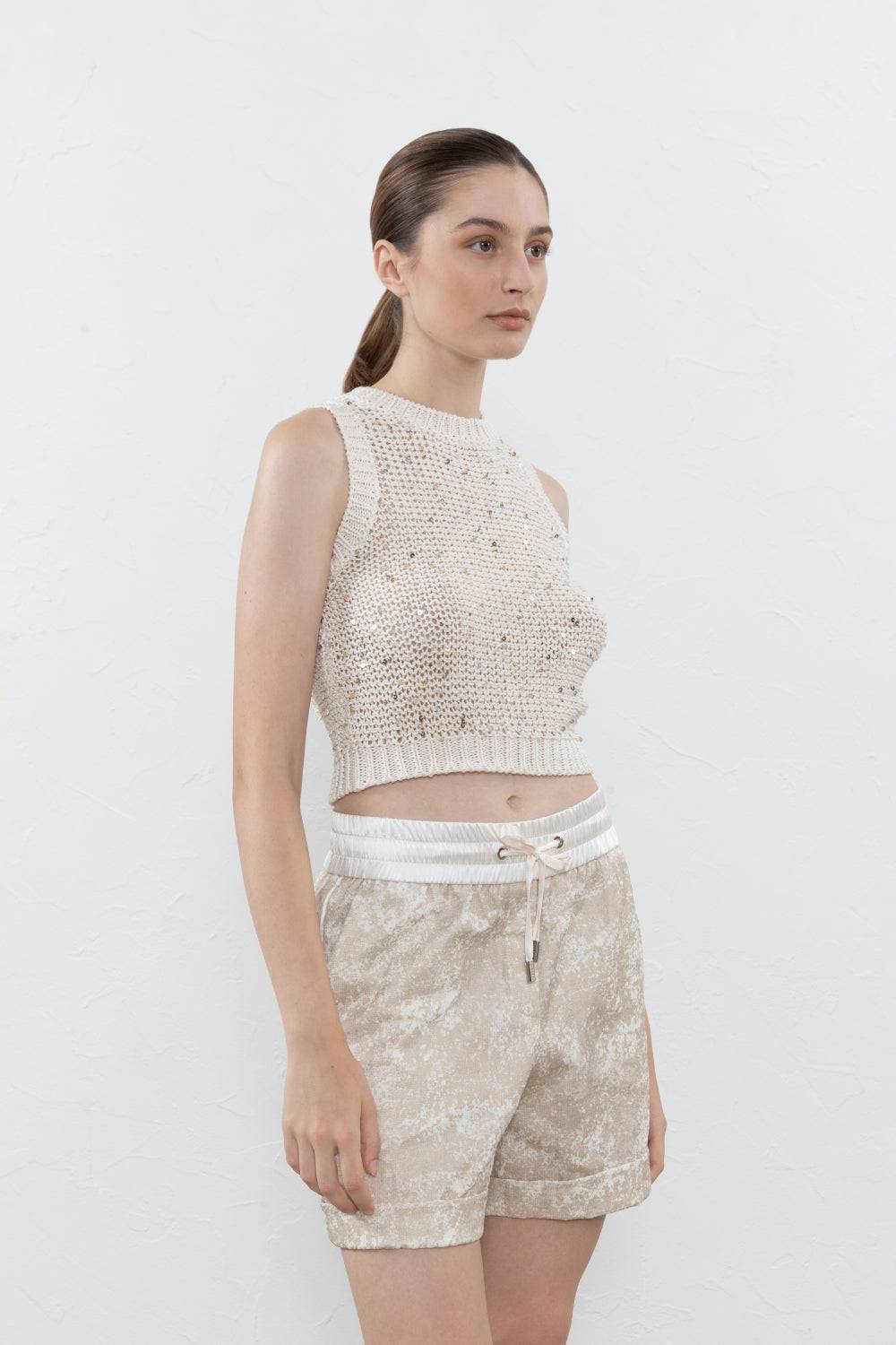 Peserico Top crop in fettuccia di cotone e maxi paillettes