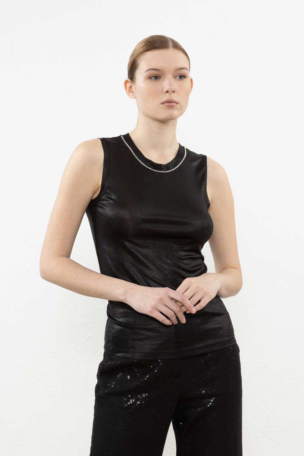 Peserico Top in costina laminata di viscosa stretch