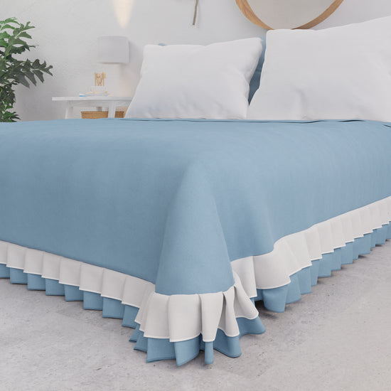 PETTI Copriletto Matrimoniale Estivo, Copriletto Con Doppio Volant, Celeste