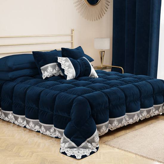 PETTI Cuscini Arredo In Velluto E Balza Con Pizzo Rebrodè 2pz, Cuscini Divano Blu By Sissy