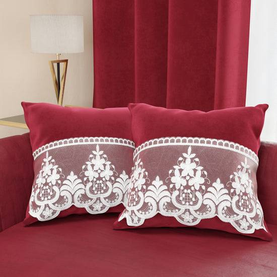 PETTI Cuscini Arredo in Velluto e Balza con Pizzo Rebrodè 2pz, Cuscini divano Bordeaux By Sissy