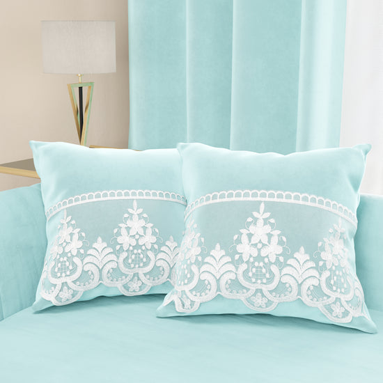 PETTI Cuscini Arredo in Velluto e Balza con Pizzo Rebrodè 2pz, Cuscini divano Celeste By Sissy