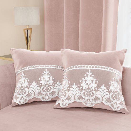 PETTI Cuscini Arredo in Velluto e Balza con Pizzo Rebrodè 2pz, Cuscini divano Cipria By Sissy
