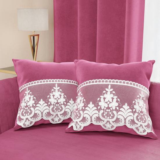 PETTI Cuscini Arredo in Velluto e Balza con Pizzo Rebrodè 2pz, Cuscini divano Fucsia By Sissy