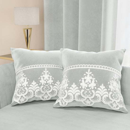 PETTI Cuscini Arredo in Velluto e Balza con Pizzo Rebrodè 2pz, Cuscini divano Grigio Chiaro By Sissy