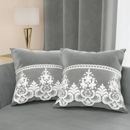 PETTI Cuscini Arredo in Velluto e Balza con Pizzo Rebrodè 2pz, Cuscini divano Grigio Scuro By Sissy