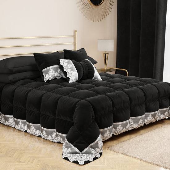 PETTI Cuscini Arredo In Velluto E Balza Con Pizzo Rebrodè 2pz, Cuscini Divano Nero By Sissy