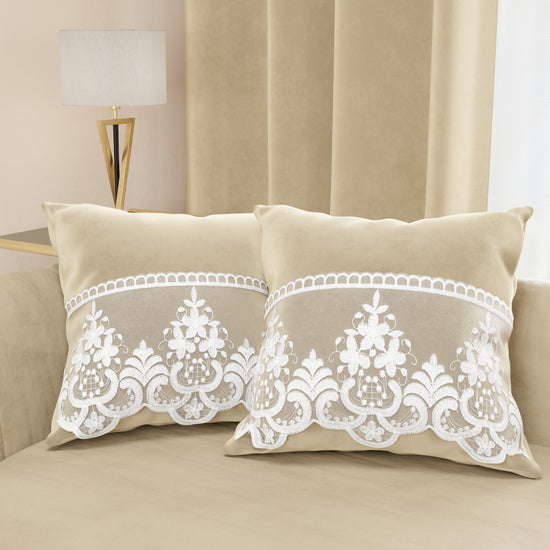 PETTI Cuscini Arredo in Velluto e Balza con Pizzo Rebrodè 2pz, Cuscini divano Panna By Sissy