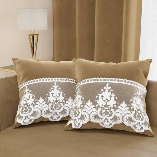 PETTI Cuscini Arredo in Velluto e Balza con Pizzo Rebrodè 2pz, Cuscini divano Tortora By Sissy