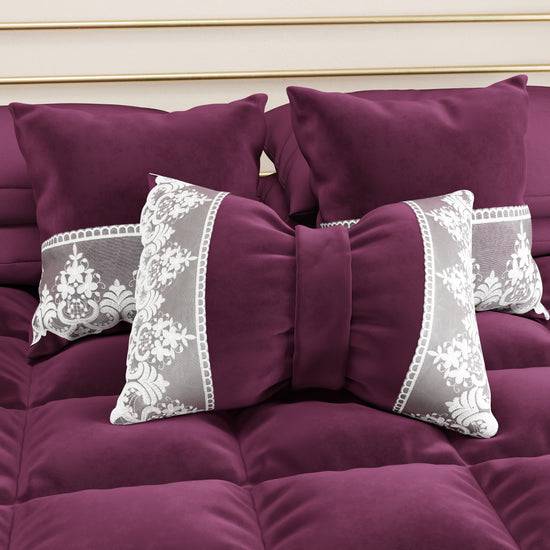 PETTI Cuscini Arredo In Velluto E Balza Con Pizzo Rebrodè 2pz, Cuscini Divano Prugna By Sissy
