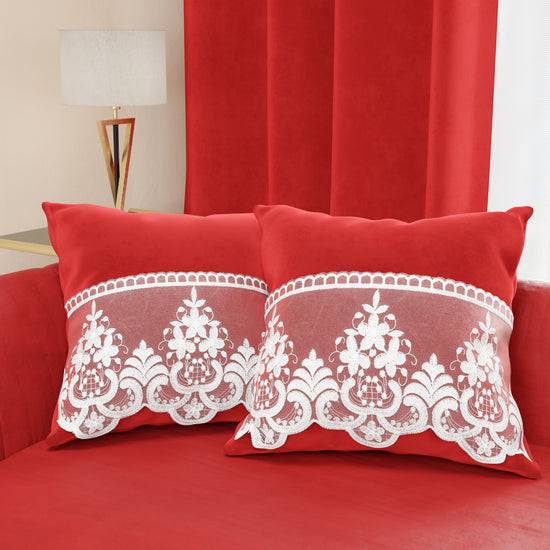 PETTI Cuscini Arredo in Velluto e Balza con Pizzo Rebrodè 2pz, Cuscini divano Rosso By Sissy