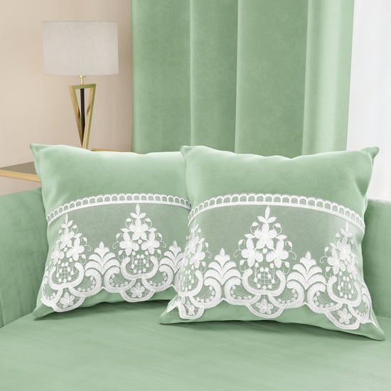 PETTI Cuscini Arredo in Velluto e Balza con Pizzo Rebrodè 2pz, Cuscini divano Salvia By Sissy