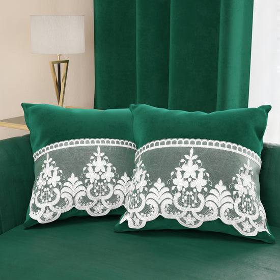 PETTI Cuscini Arredo in Velluto e Balza con Pizzo Rebrodè 2pz, Cuscini divano Smeraldo By Sissy