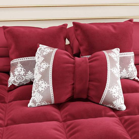 PETTI Cuscino Arredo Fiocco In Velluto E Balza Con Pizzo Rebrodè 40x50 Cm, Cuscino Divano Bordeaux By Sissy