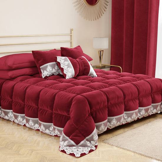 PETTI Cuscino Arredo Fiocco In Velluto E Balza Con Pizzo Rebrodè 40x50 Cm, Cuscino Divano Bordeaux By Sissy