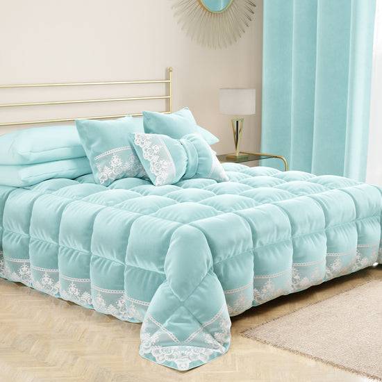 PETTI Cuscino Arredo Fiocco In Velluto E Balza Con Pizzo Rebrodè 40x50 Cm, Cuscino Divano Celeste By Sissy