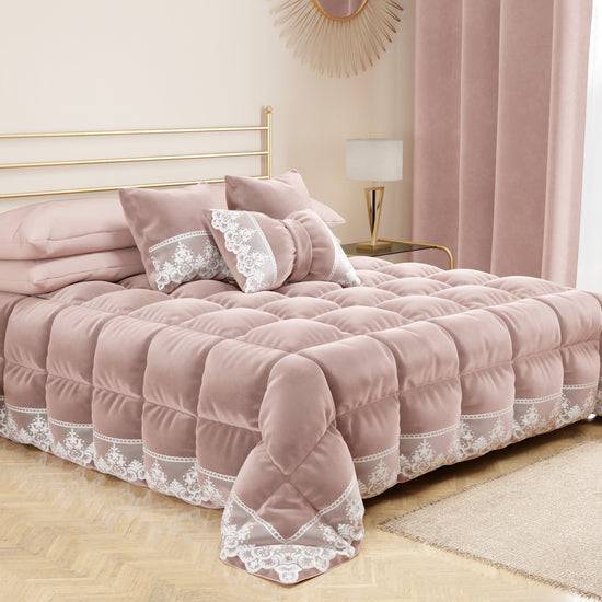 PETTI Cuscino Arredo Fiocco In Velluto E Balza Con Pizzo Rebrodè 40x50 Cm, Cuscino Divano Cipria By Sissy