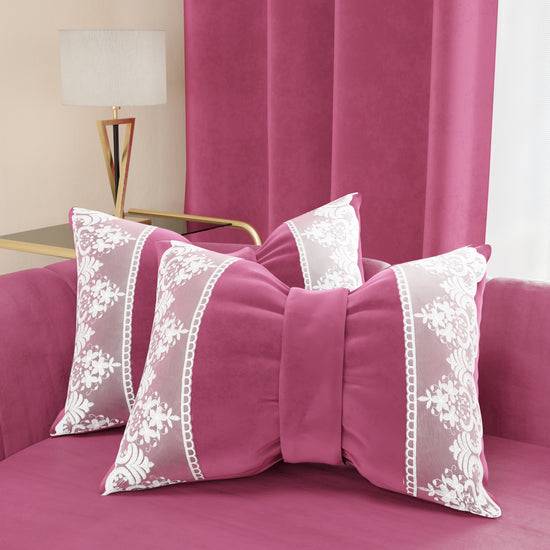 PETTI Cuscino Arredo Fiocco in Velluto e Balza con Pizzo Rebrodè 40x50 cm, Cuscino divano Fucsia By Sissy