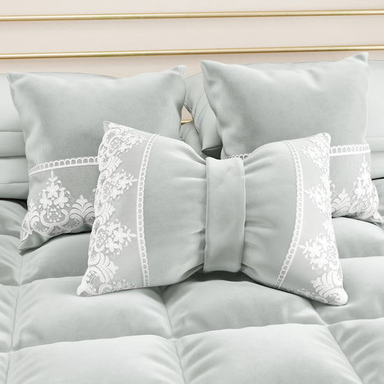 PETTI Cuscino Arredo Fiocco In Velluto E Balza Con Pizzo Rebrodè 40x50 Cm, Cuscino Divano Grigio Chiaro By Sissy