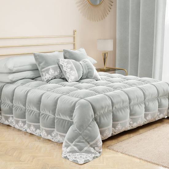 PETTI Cuscino Arredo Fiocco In Velluto E Balza Con Pizzo Rebrodè 40x50 Cm, Cuscino Divano Grigio Chiaro By Sissy