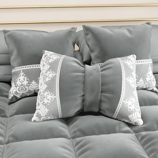 PETTI Cuscino Arredo Fiocco In Velluto E Balza Con Pizzo Rebrodè 40x50 Cm, Cuscino Divano Grigio Scuro By Sissy