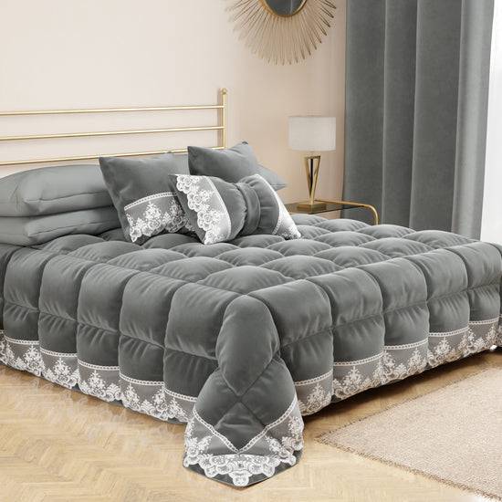 PETTI Cuscino Arredo Fiocco In Velluto E Balza Con Pizzo Rebrodè 40x50 Cm, Cuscino Divano Grigio Scuro By Sissy