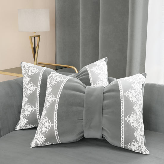 PETTI Cuscino Arredo Fiocco in Velluto e Balza con Pizzo Rebrodè 40x50 cm, Cuscino divano Grigio Scuro By Sissy