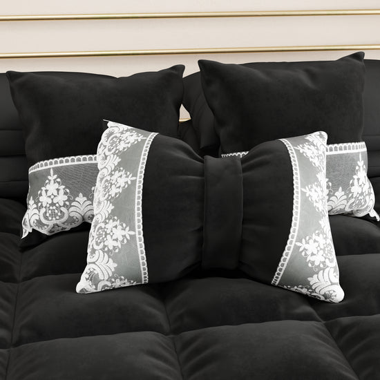 PETTI Cuscino Arredo Fiocco In Velluto E Balza Con Pizzo Rebrodè 40x50 Cm, Cuscino Divano Nero By Sissy