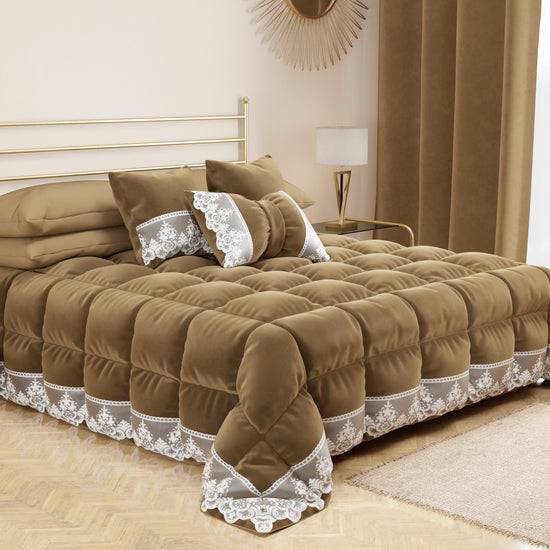 PETTI Cuscino Arredo Fiocco In Velluto E Balza Con Pizzo Rebrodè 40x50 Cm, Cuscino Divano Tortora By Sissy