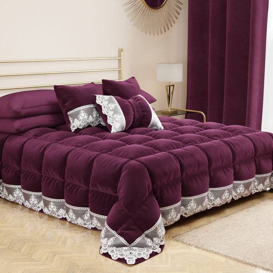 PETTI Cuscino Arredo Fiocco In Velluto E Balza Con Pizzo Rebrodè 40x50 Cm, Cuscino Divano Prugna By Sissy