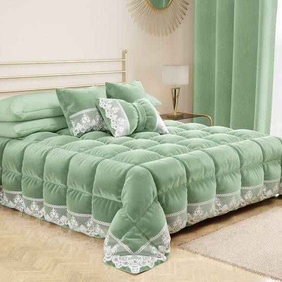 PETTI Cuscino Arredo Fiocco In Velluto E Balza Con Pizzo Rebrodè 40x50 Cm, Cuscino Divano Salvia By Sissy