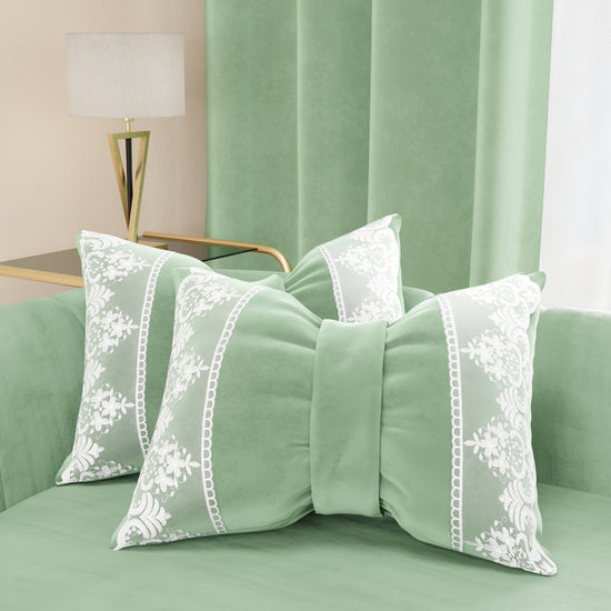 PETTI Cuscino Arredo Fiocco in Velluto e Balza con Pizzo Rebrodè 40x50 cm, Cuscino divano Salvia By Sissy