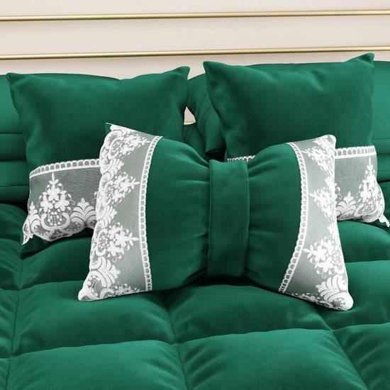 PETTI Cuscino Arredo Fiocco In Velluto E Balza Con Pizzo Rebrodè 40x50 Cm, Cuscino Divano Smeraldo By Sissy