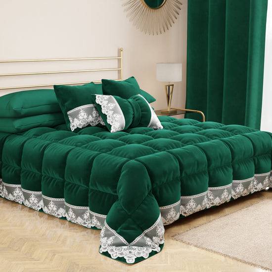 PETTI Cuscino Arredo Fiocco In Velluto E Balza Con Pizzo Rebrodè 40x50 Cm, Cuscino Divano Smeraldo By Sissy