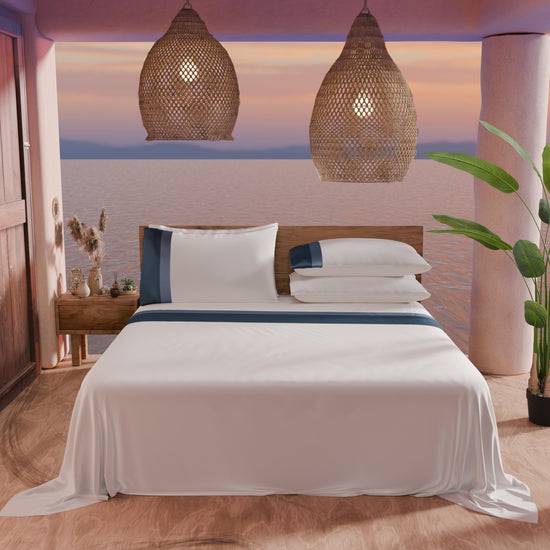 PETTI Lenzuola Matrimoniali In Puro Cotone Percalle Con Doppia Balza In Raso - Blu