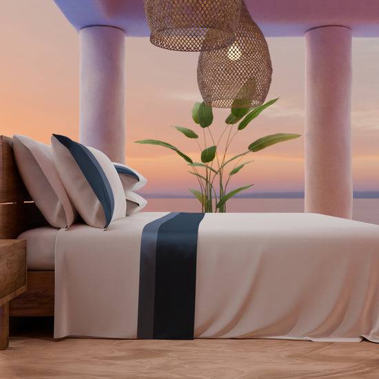 PETTI Lenzuola Matrimoniali In Puro Cotone Percalle Con Doppia Balza In Raso - Blu